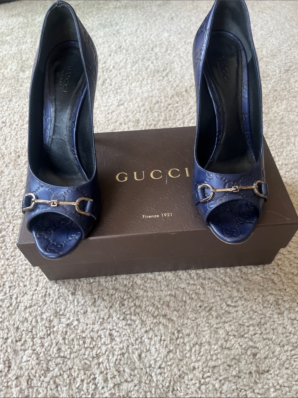 Gucci Navy Embossed Leather Peep-Toe Horsebit Heels